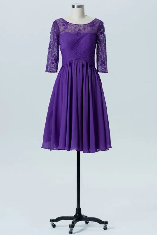 Purple Short Lace Bridesmaid Dress with Long Sleeves Lace Dress Vibe