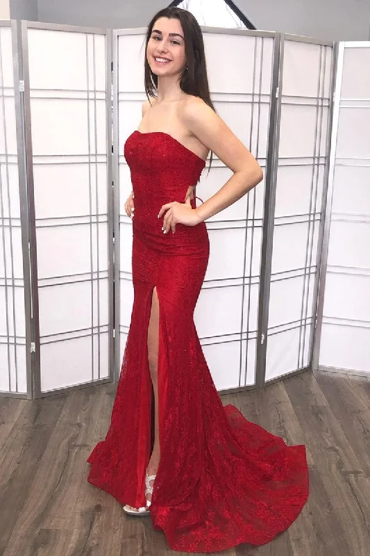 Red Lace Mermaid Long Prom Dress with Slit Black Lace Dress