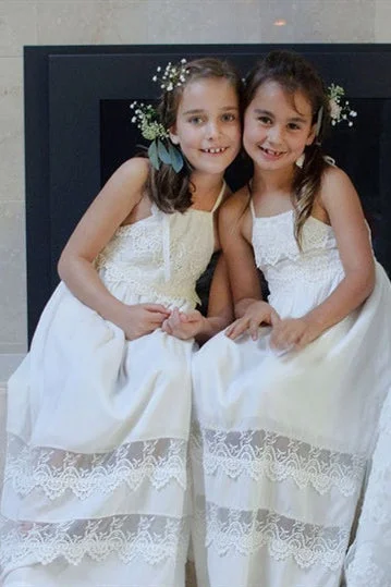 Rustic Lace White Chiffon Flower Girl Dress Blue Lace Dress