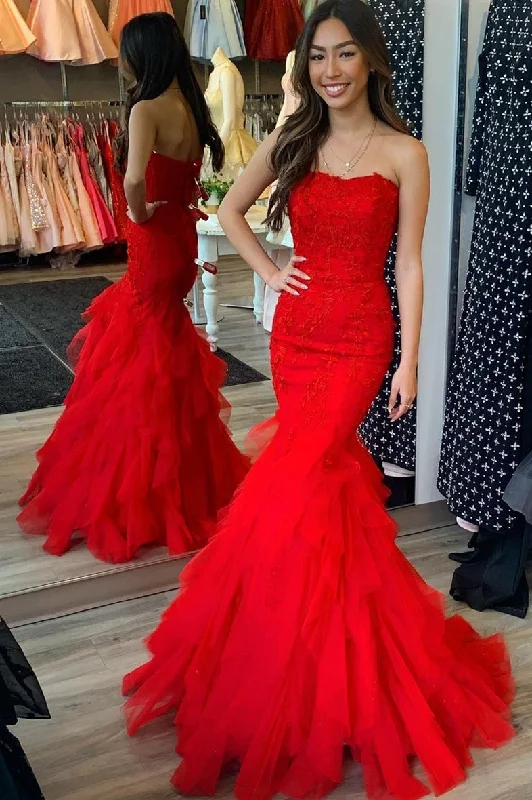 Strapless Mermaid Red Lace Long Formal Dress Lace Dress Deep V