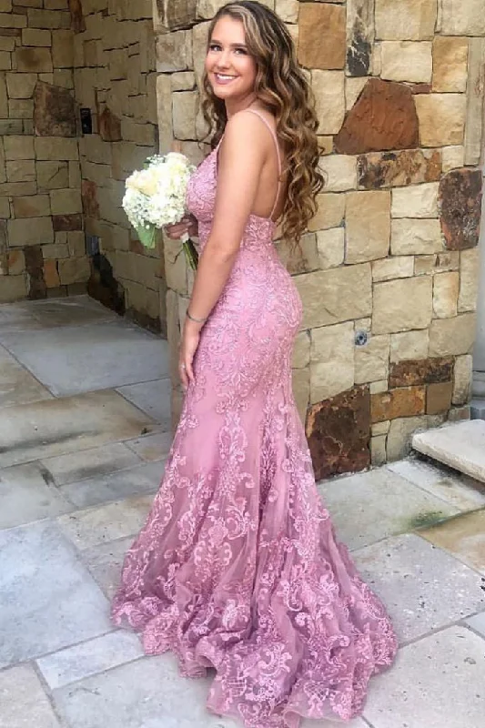 Spaghetti Straps Mermaid Lace Pink Long Prom Dress Lace Dress Modern