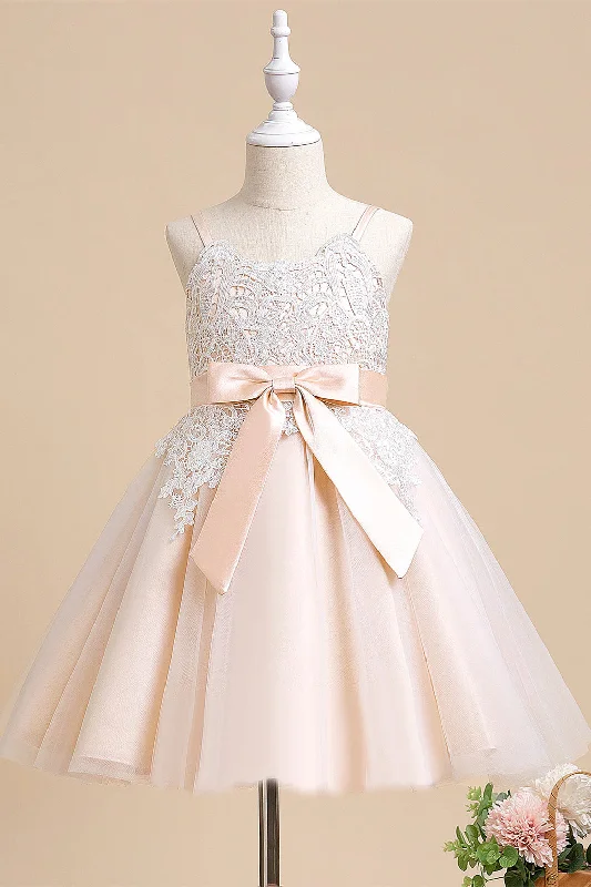 Straps Pearl Pink Lace Top Flower Girl Dress with Belt Sheer Lace Dress