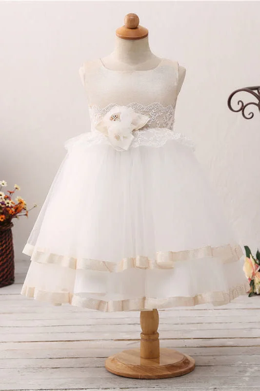 Toddler Lace Applique Champagne and White Flower Girl Dress Bohemian Lace Dress