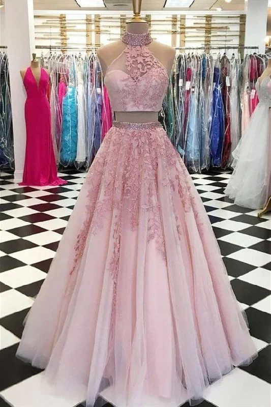 Two Piece High Neck Pink Long Prom Dress with Lace Tiered Lace Gown