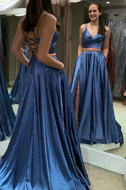 Two Piece Lace-up Back Long Blue Prom Dress with Pockets Lace Bodycon Dress