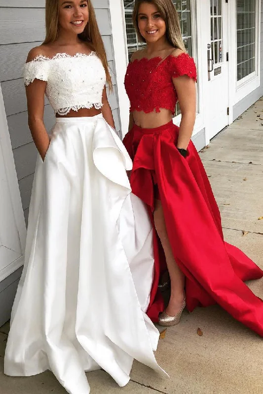 Two Piece Off Shoulder Long Prom Dress with Lace Top Lace Dress for Weddings