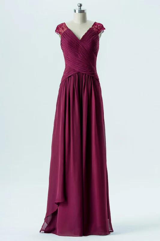 Wine Red Lace Cap Sleeves Long Bridesmaid Dress Lace Dress Chic